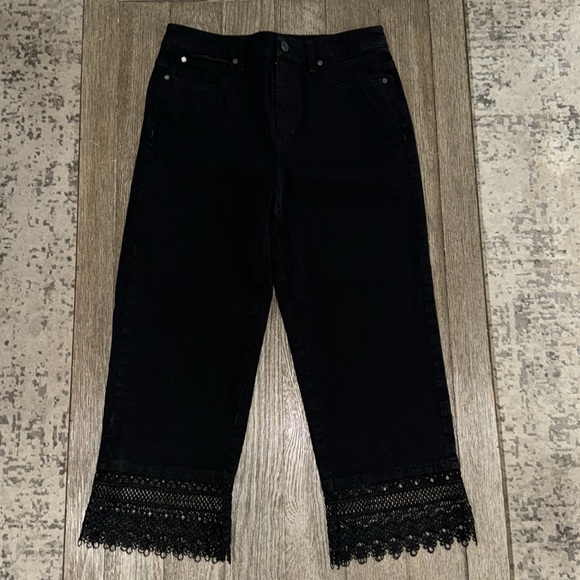 Soft Surroundings WIDE LEG CROP Lace Hem Pants Black - Picture 1 of 10